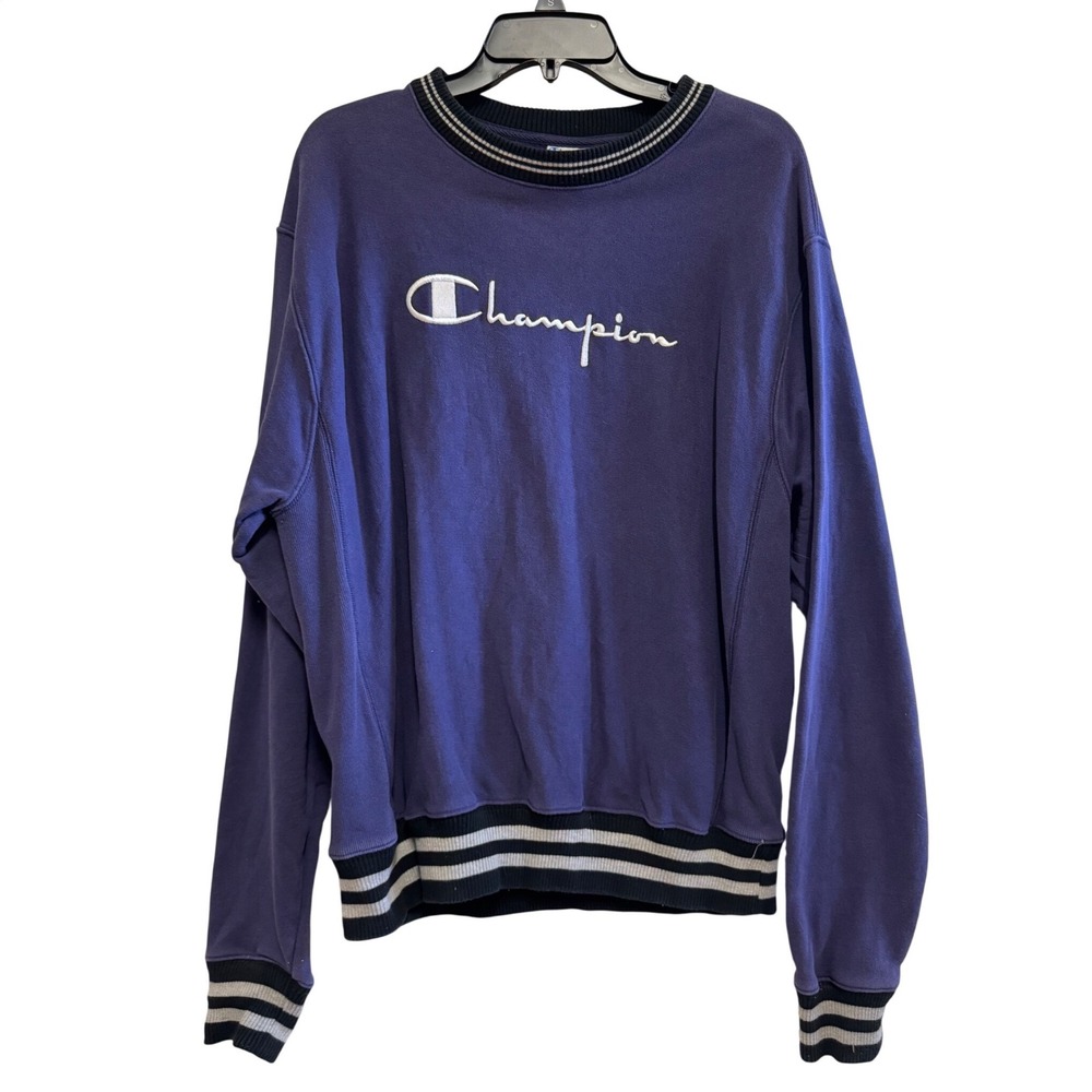 Champion Reverse Weave Sweatshirt Purple Script Logo Striped Trim Mens Medium